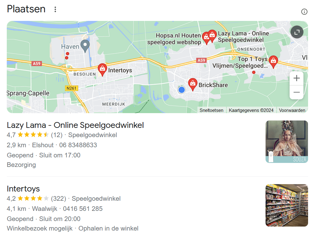 Voorbeeld van lokale zoekresultaten in Google uit Google MijnBedrijf